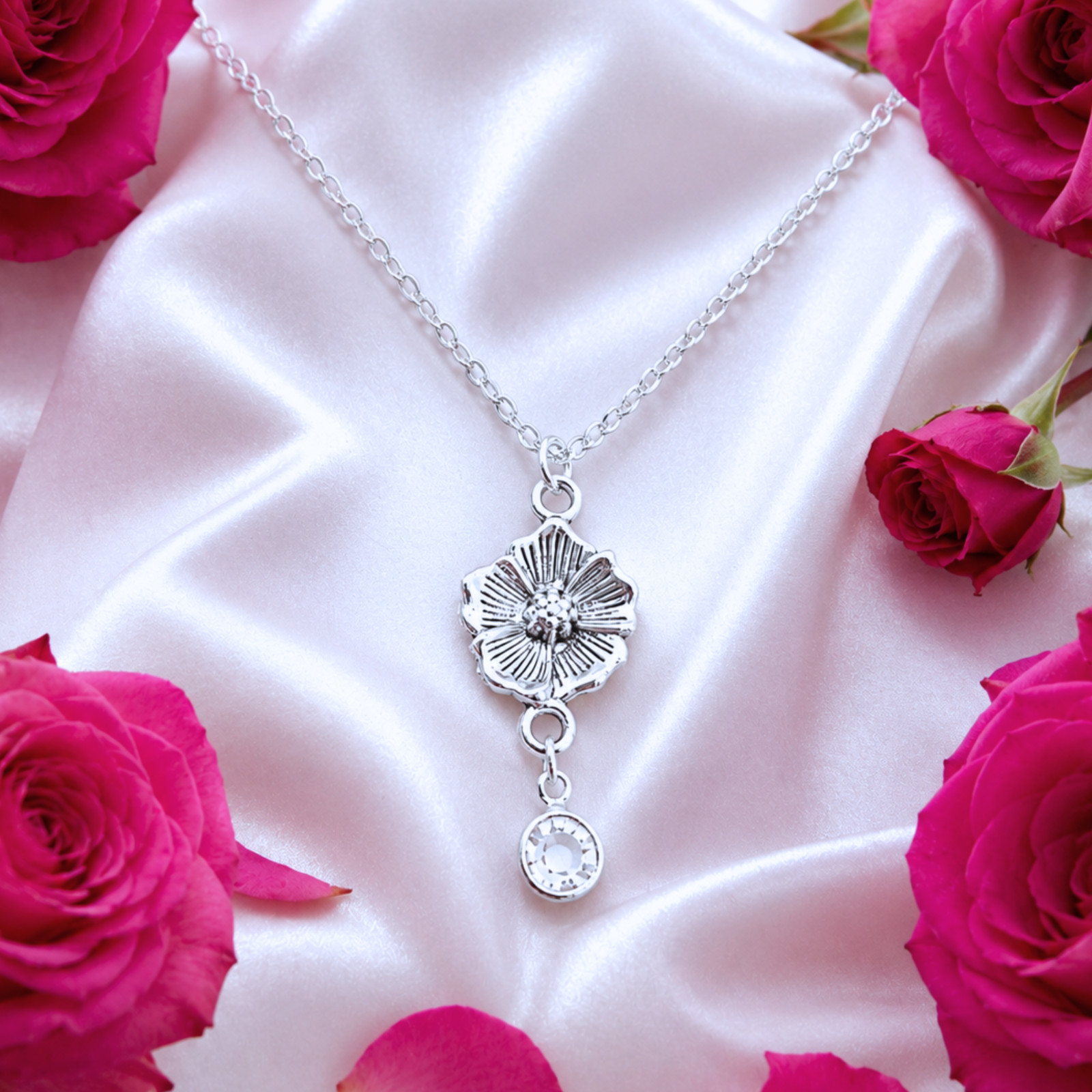 Flower Necklace Crystal Birthstone Pendant Garden Lovers Gift botanical Jewelry