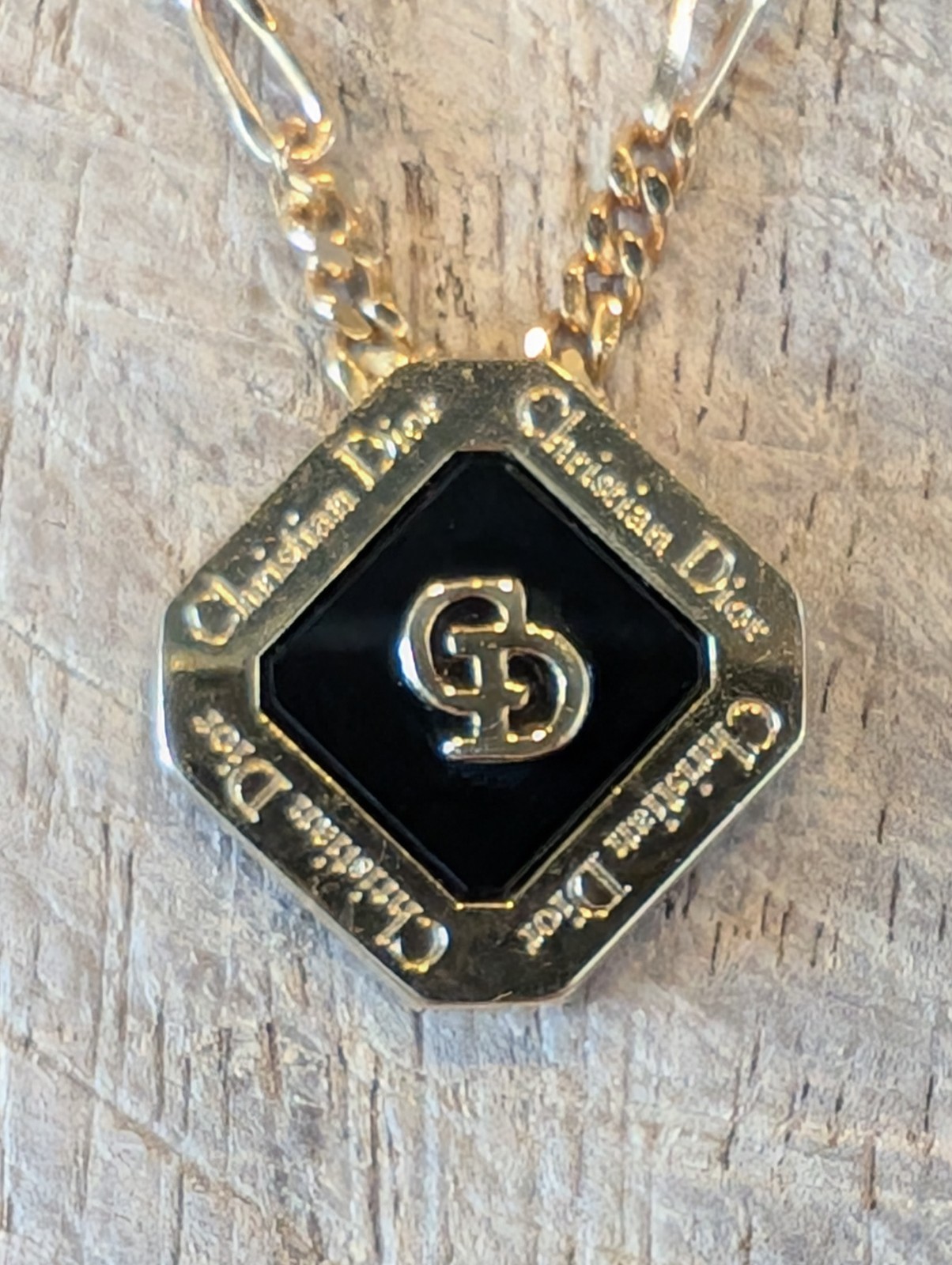 Vintage Christian Dior CD Logo Pendant Necklace Octagon Black Onyx In Box