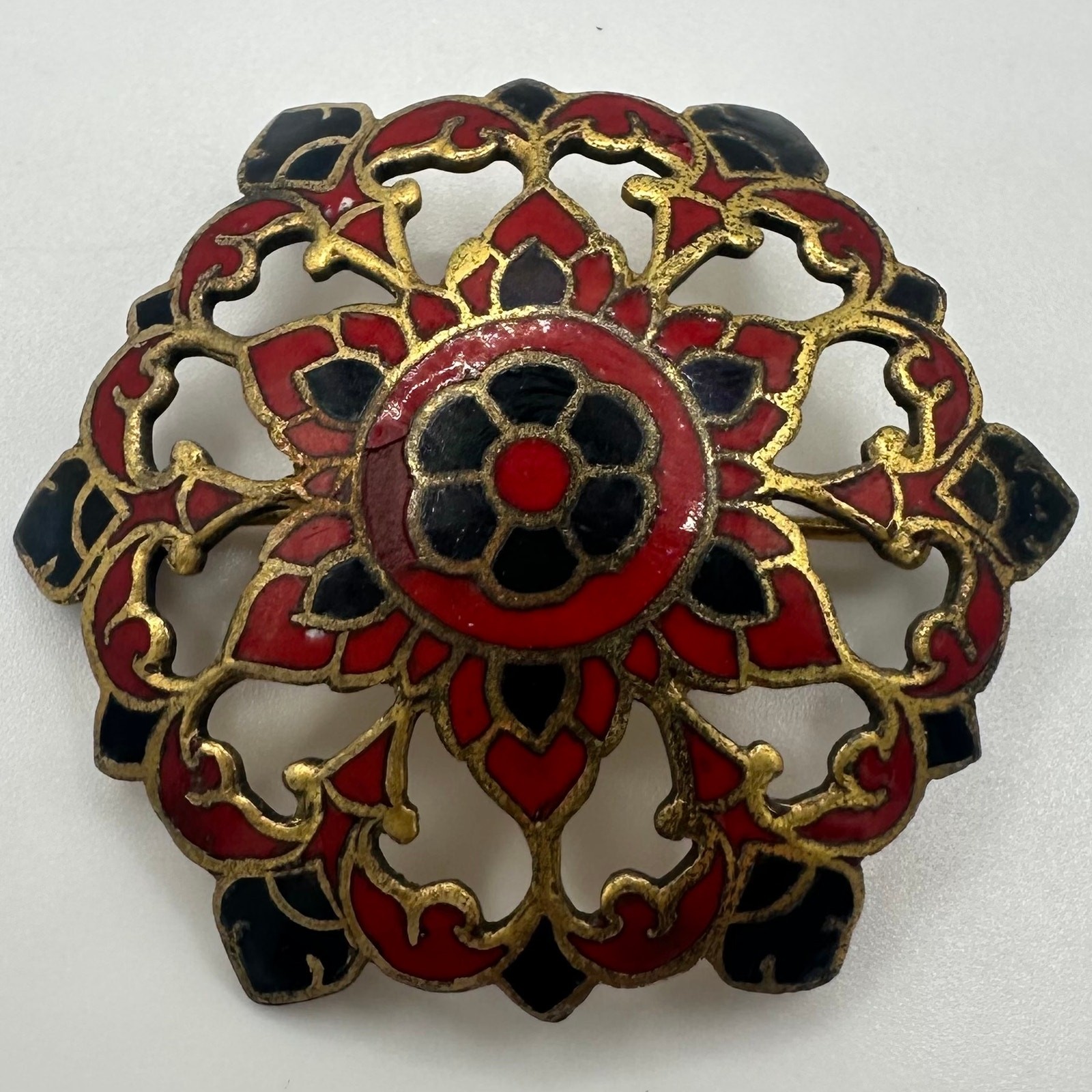 Antique 1890s Victorian French red black champlevé enamel openwork brass brooch