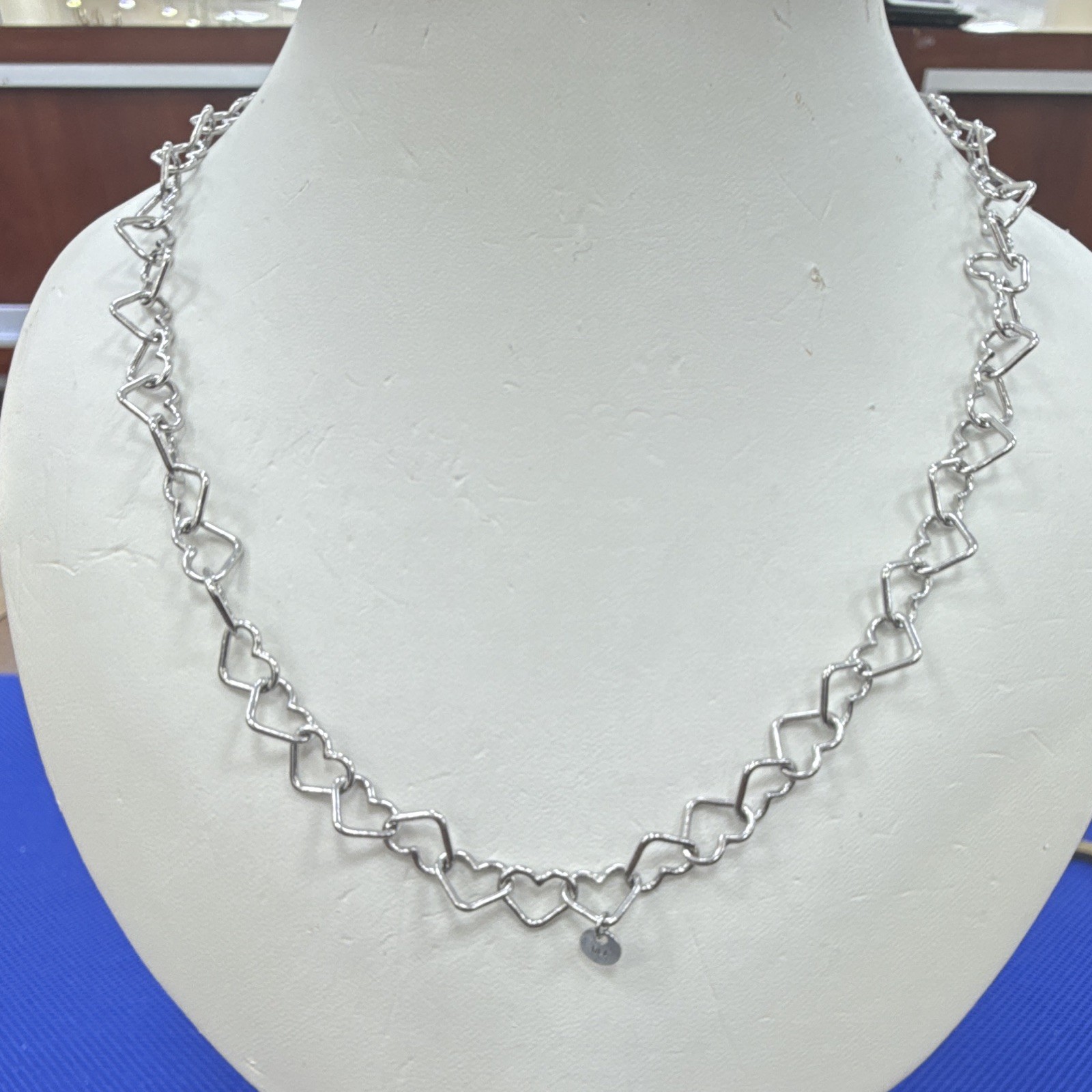 Italy Sourced Silver Heart Charm Link Chain Necklace 18in Lobster Clasp Signed