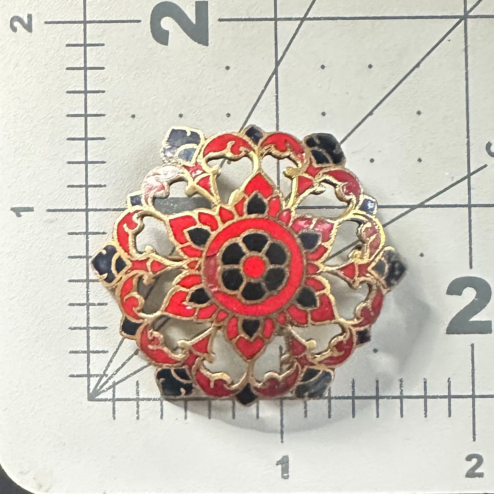 Antique 1890s Victorian French red black champlevé enamel openwork brass brooch