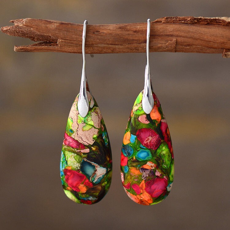 Natural Imperial Jasper Stone Teardrop Dangle Earrings Gemstone Hook Earrings