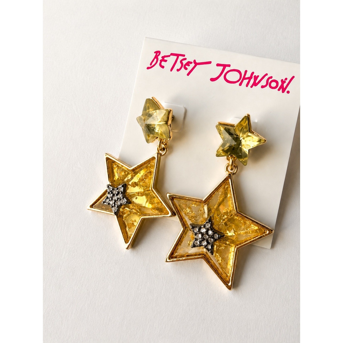 Betsey Johnson Celestial Punk Star Drop Earrings Yellow Crystal NWT