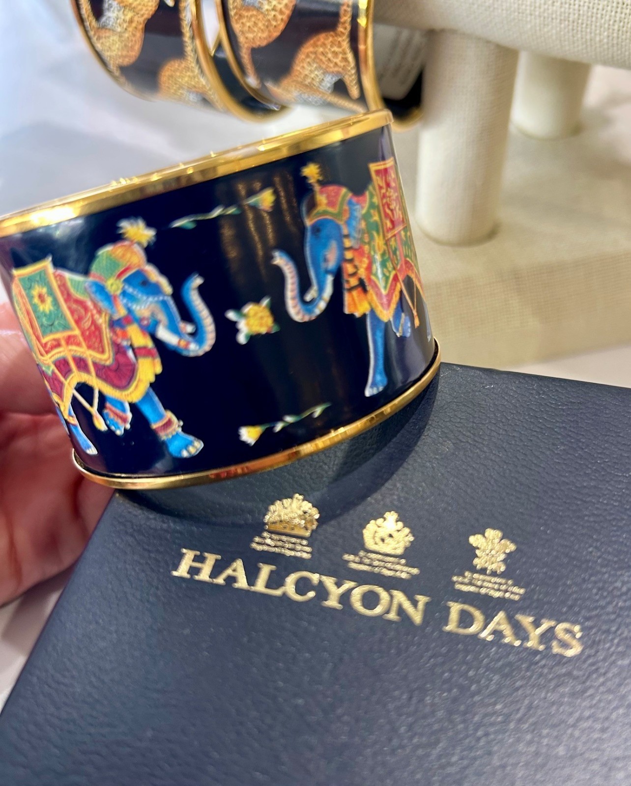 Halcyon Days Enamel Leopard or Elephant Motif Bangle Bracelet 4cm wide-brand new