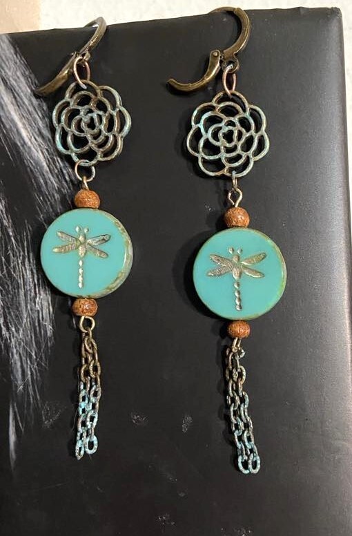 Boho huggie earrings dragonfly and wood beads 3.25in long, handmade hand painted