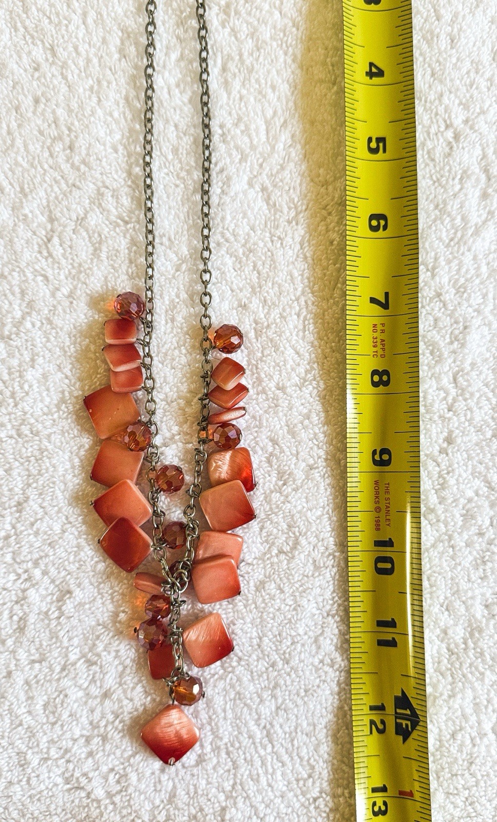 Red Y Drop Necklace Square Red Lucite Beads Silver Toned Chain Croft n Barrow