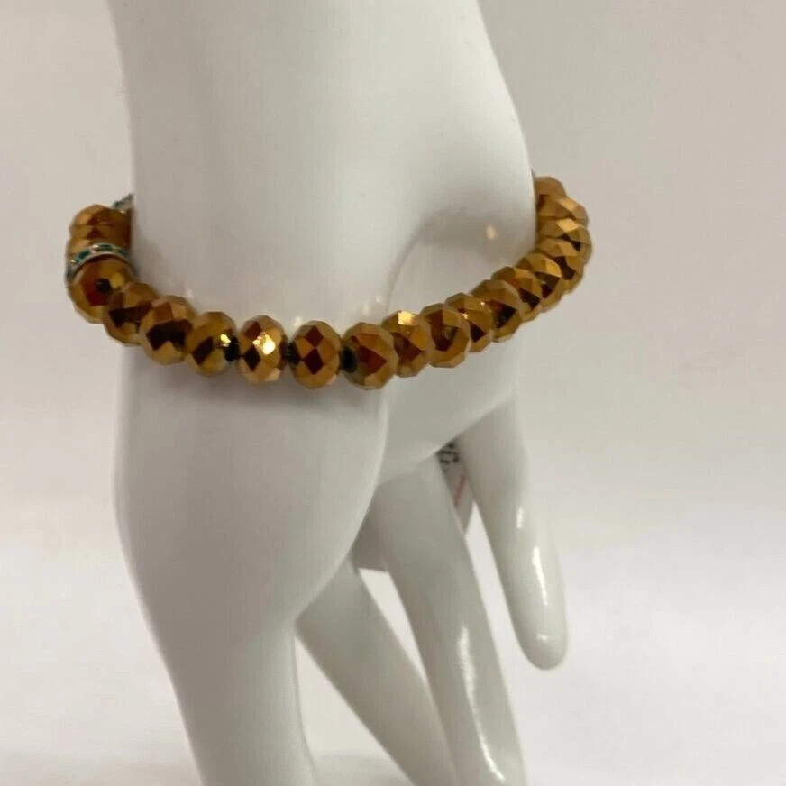 APT. 9 Gold Tone Stretch Bracelet with Faceted Beads & Green Pave Cross Charm