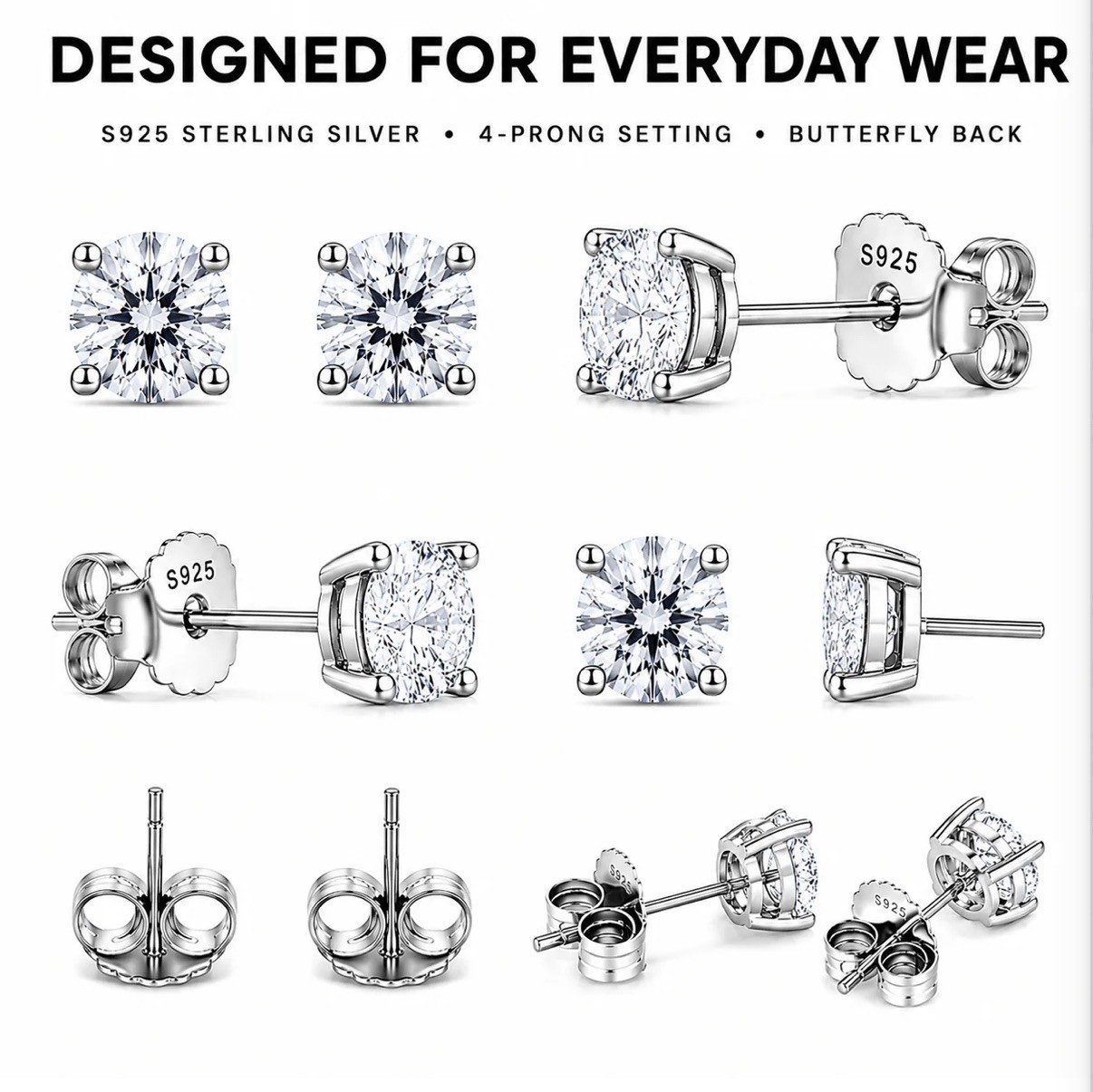 S925 Sterling Silver Round White CZ Stud Earrings