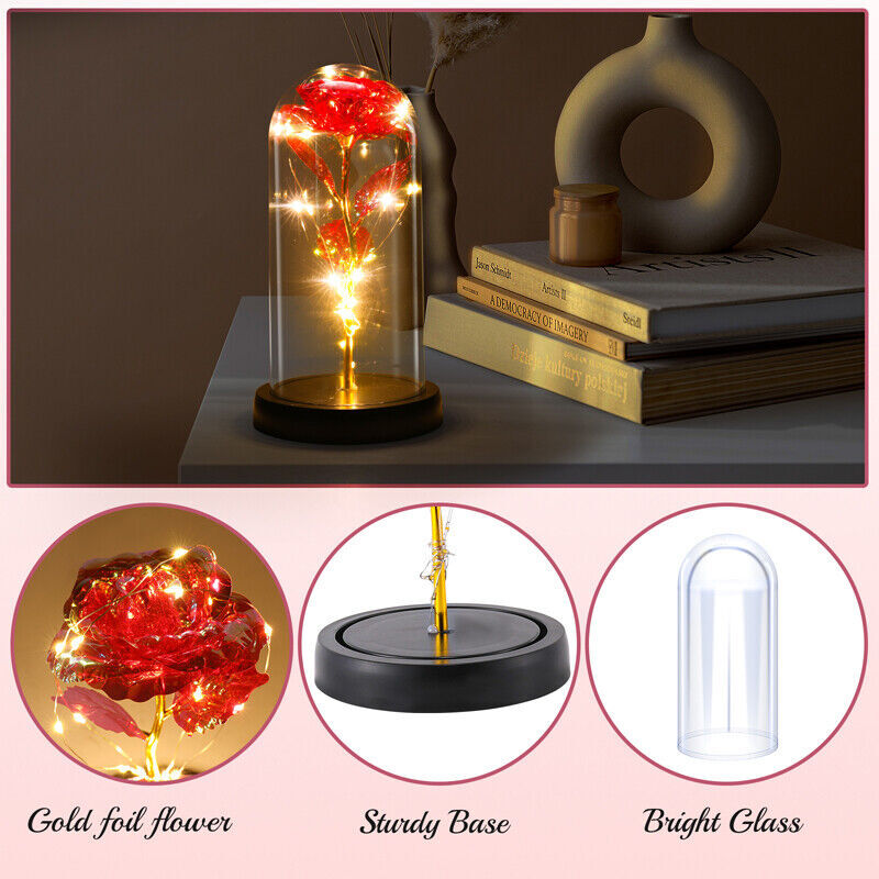 Crystal LED Rose Flower in glass dome Romantic Gift Love for mom girl Birthday