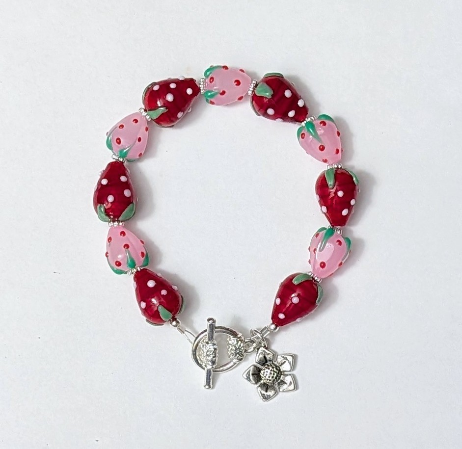 Pink & Red Strawberry Lampwork Glass Beads Bracelet with Toggle Clasp 8″