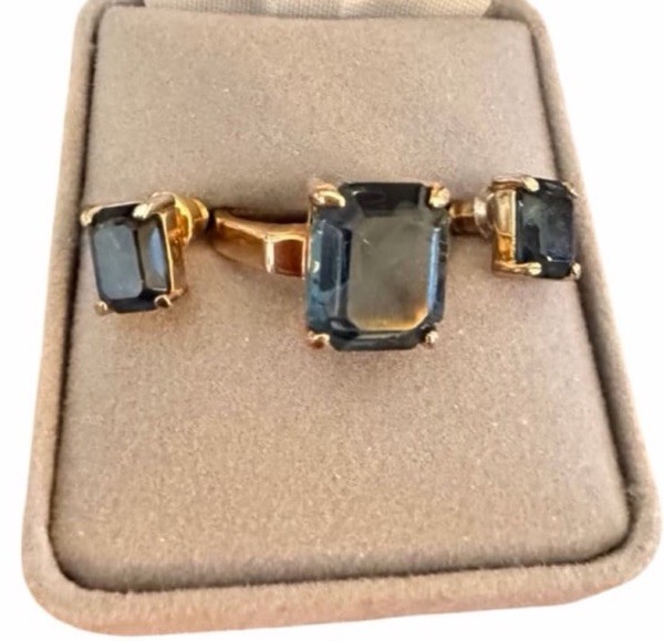 Gold Tone Emerald Cut Blue Ring Earrings Set Jewelry Square Vintage Sz 6.75