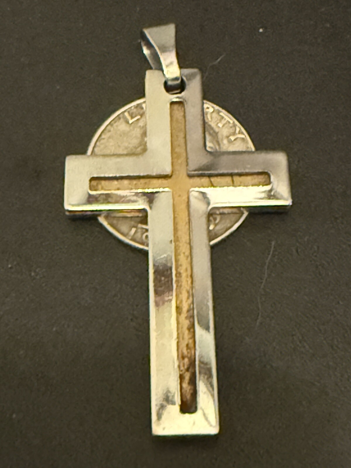 Vintage Stainless Steel & Brass Cross Pendant