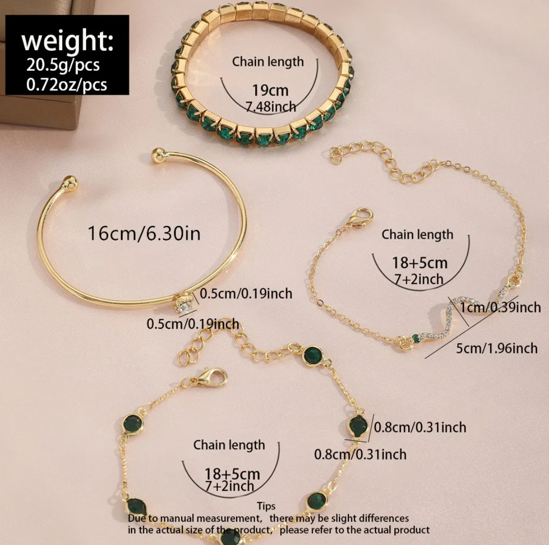 4Pcs Green Crystal Bracelet Set Women Gold Chain Stretch Bangle Jewelry Gift