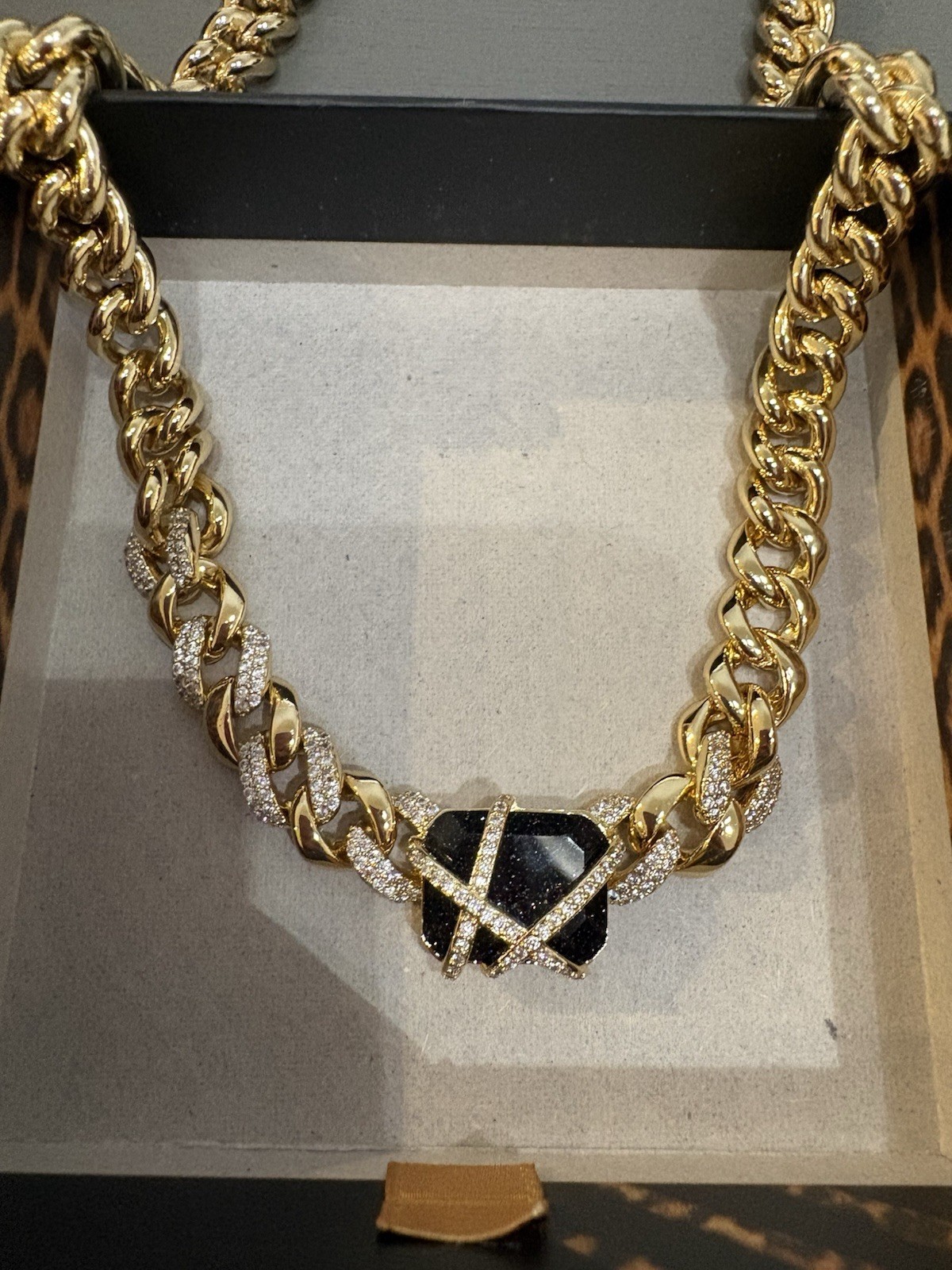 Gold Plated Black Lab-Created Onyx Pendant Curb Link Necklace 18″ NK84194