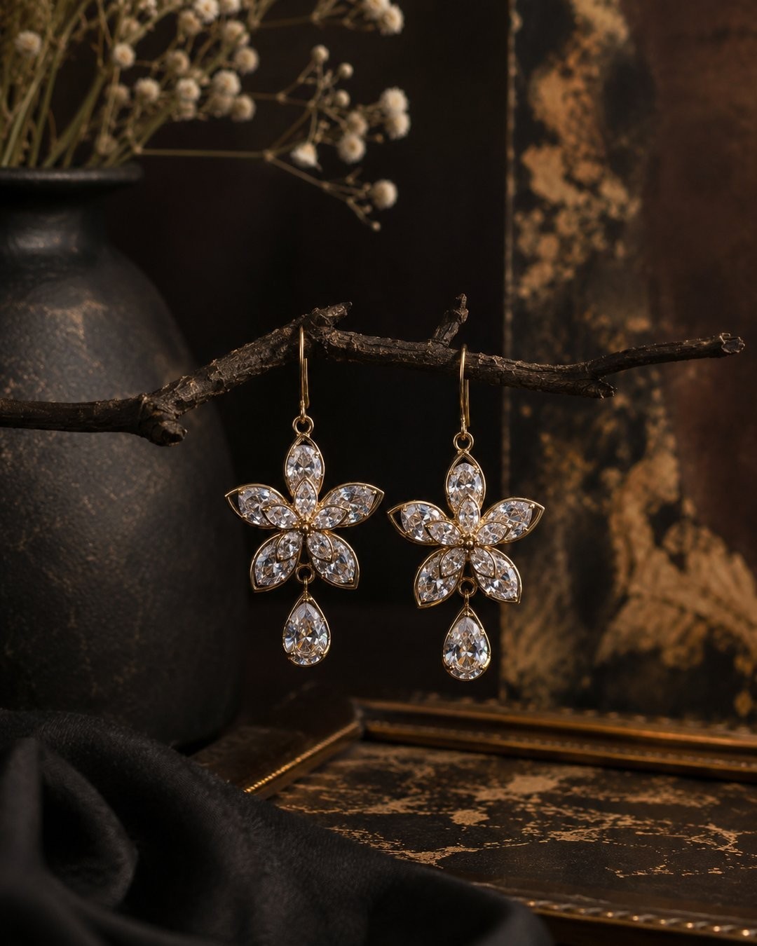Gold Tone Floral Crystal Drop Earrings | Fashion Dangle Hook Earrings Gift