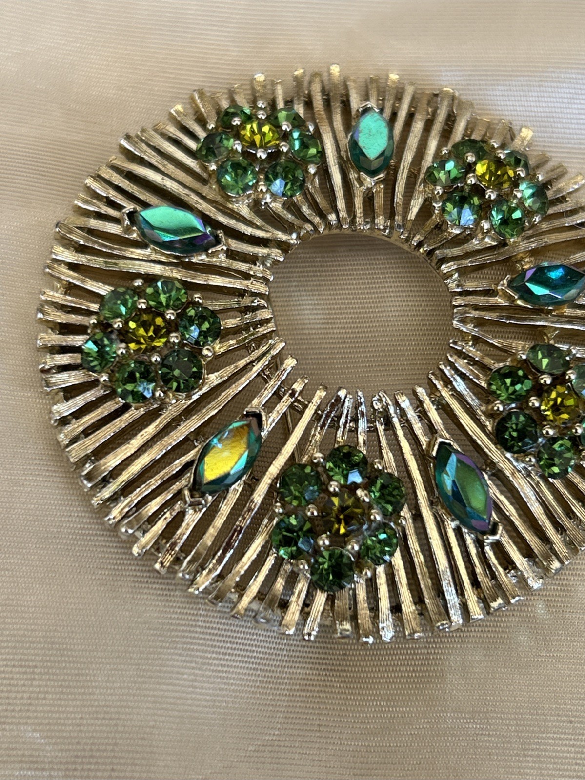 Vtg Signed LISNER Green Rhinestone Set Starburst Brooch Bracelet Earrings