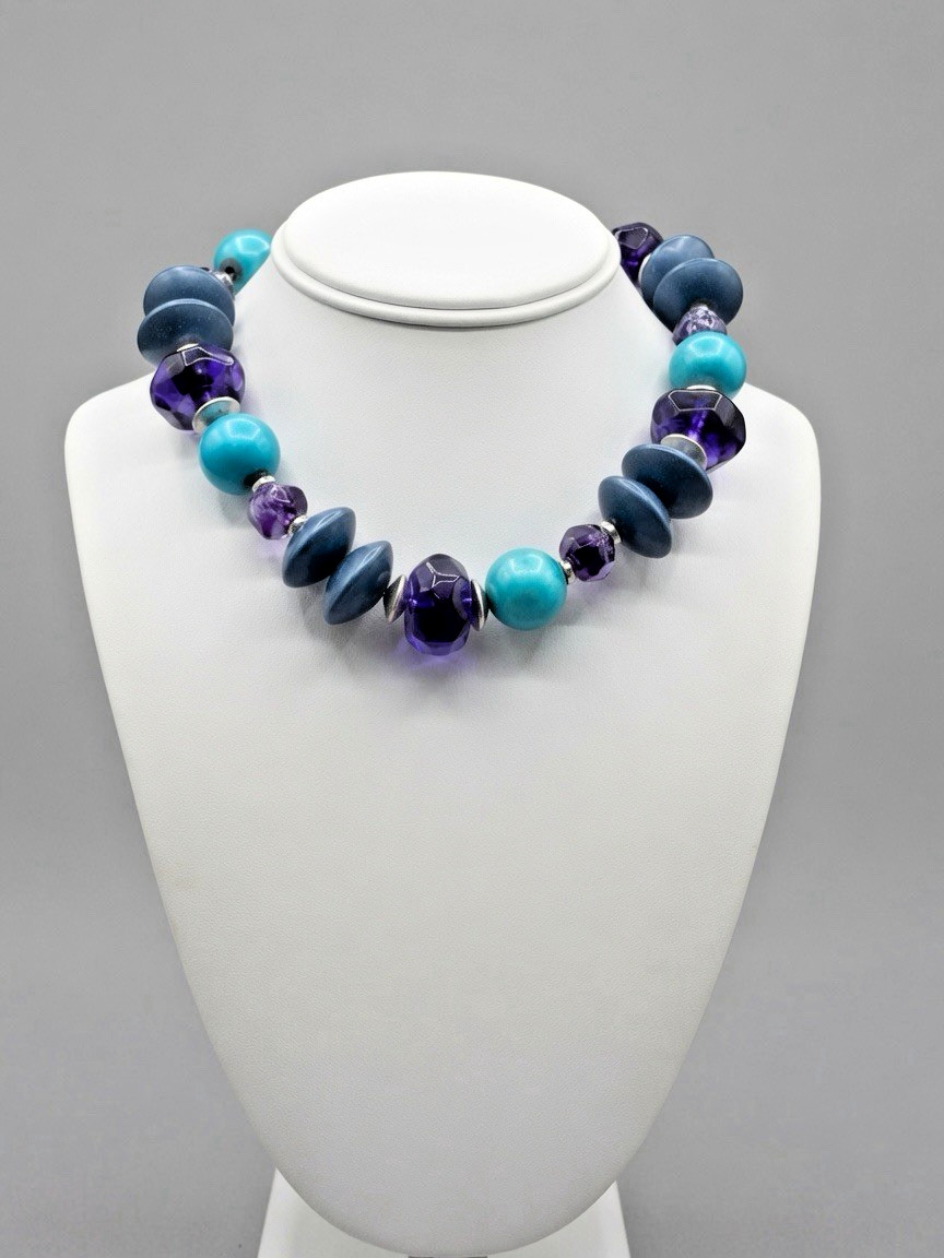 YSL Yves Saint Laurent 1980s Runway Beaded Necklace Purple Lucite Turquoise Bead