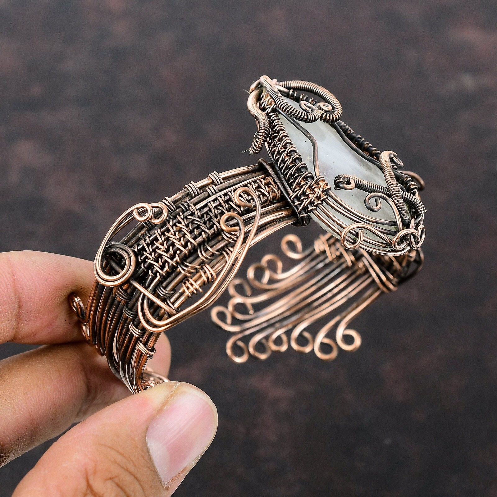 Rainbow Moonstone Wire Wrapped Adjustable Cuff Handcrafted Copper Unique Gift