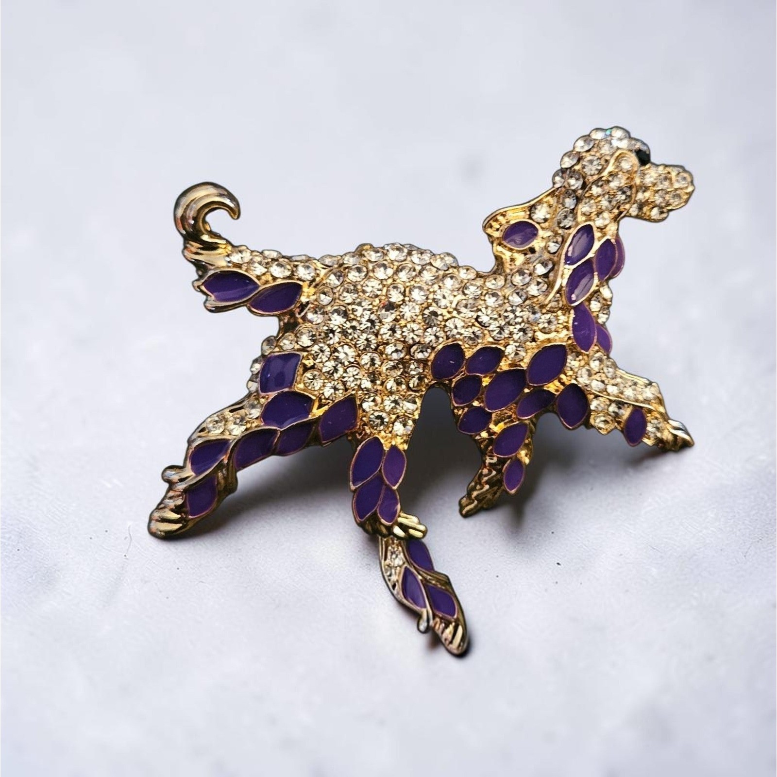 Poodle Brooch Gold Tone Purple Enamel Rhinestone Dog Pin Jewelry