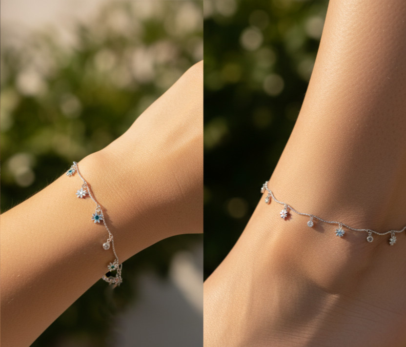 Elegant Silver Plated Floral Charm Anklet | Delicate Brass Chain Designer Anklet