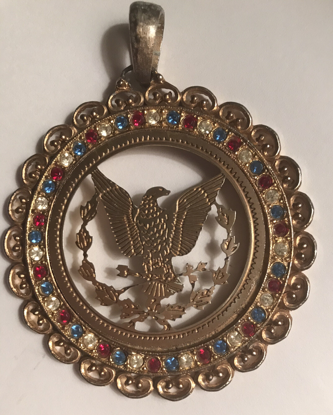 Vntg Patriots Eagle Crest Red White Blue Rhinestone Goldtone Medallion Pendant