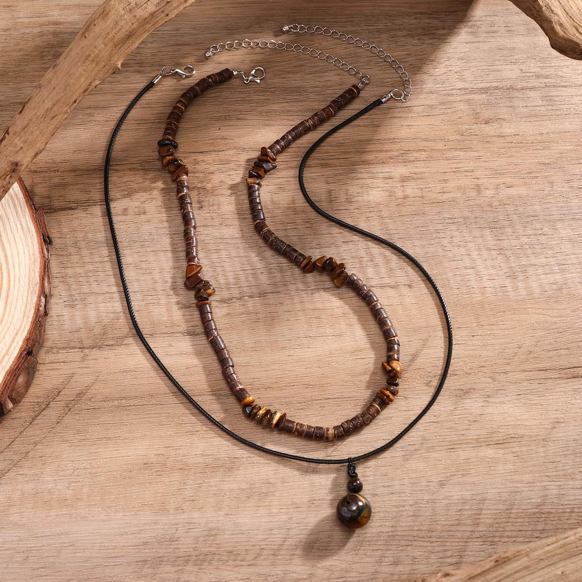 2pcs Boho Stone Pendant Necklaces Vintage Wood Bead Chokers for Men – Ethnic