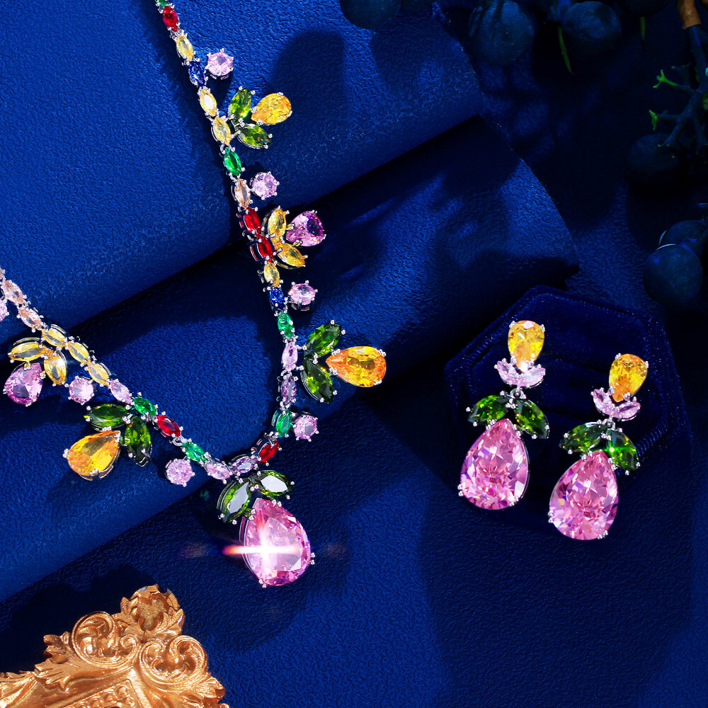 Chic Multicolor Drop Leaf Wedding Necklace Earrings Silver Plated CZ Jewelry Set