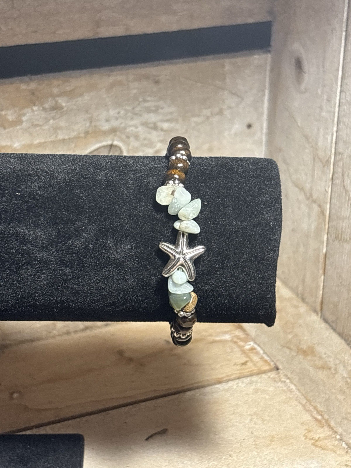 of 4 Beaded Stretch Stackable Bracelets: Wooden beads, Stones & Starfish Charm