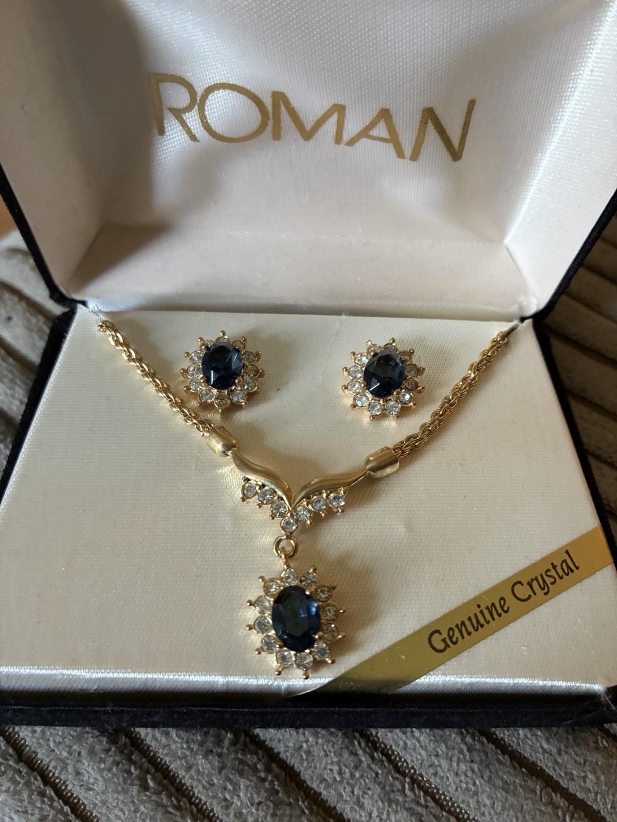 Roman Gold Tone Blue Oval Crystal Necklace & Earrings Jewelry Set