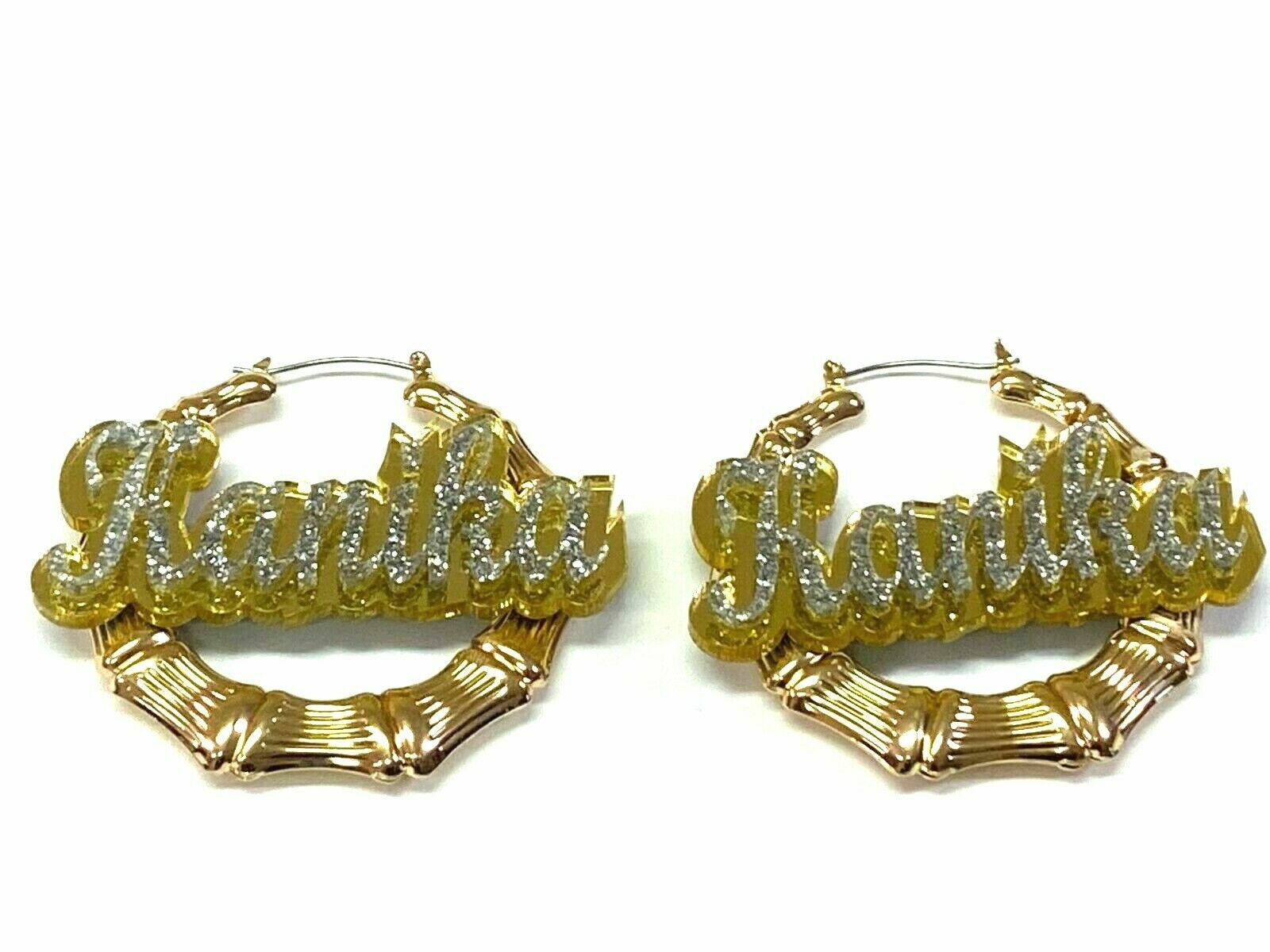 Personalized Custom Gold Bamboo Earrings 2.5″ Name Plate Laser Cut Diamond Look