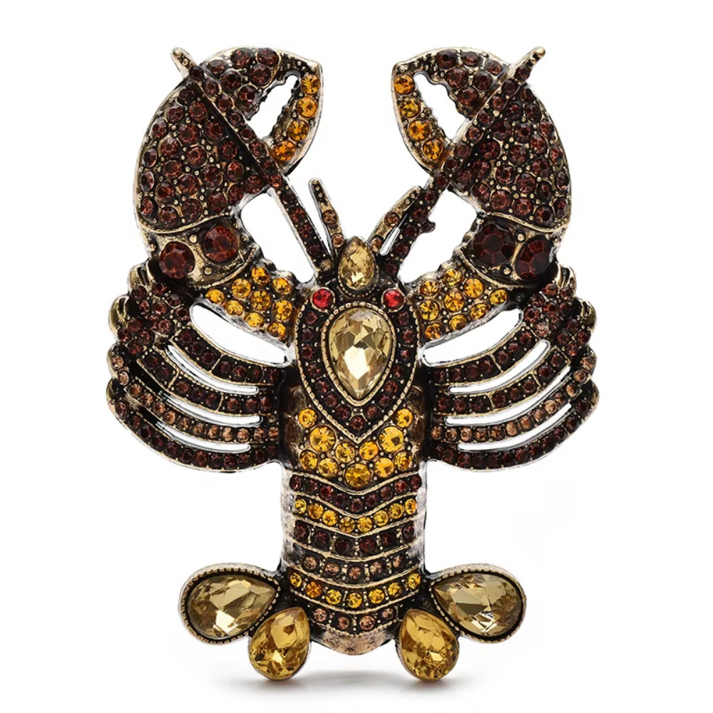 Yellow Crystal Lobster Brooch Pin Sparkly Rhinestone Animal Statement Jewelry Gi