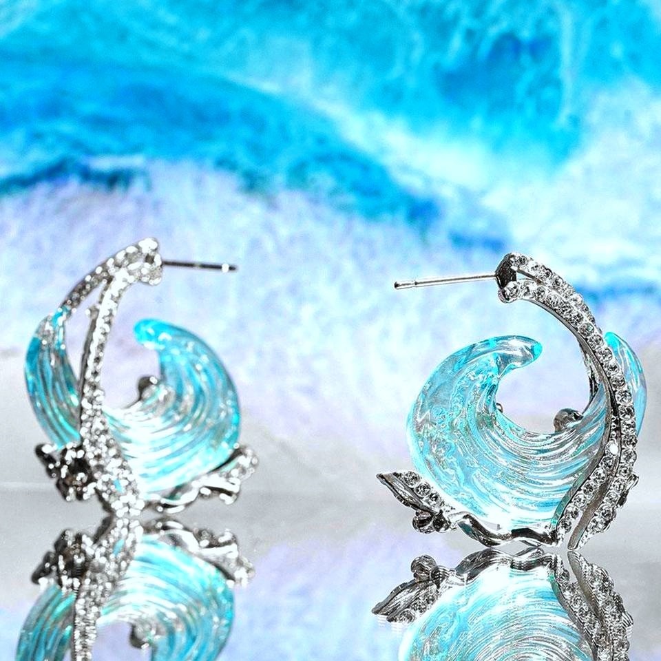 Luxury Blue Ocean Wave Crystal Flower Necklace Earring Hot Bridal Wedding set