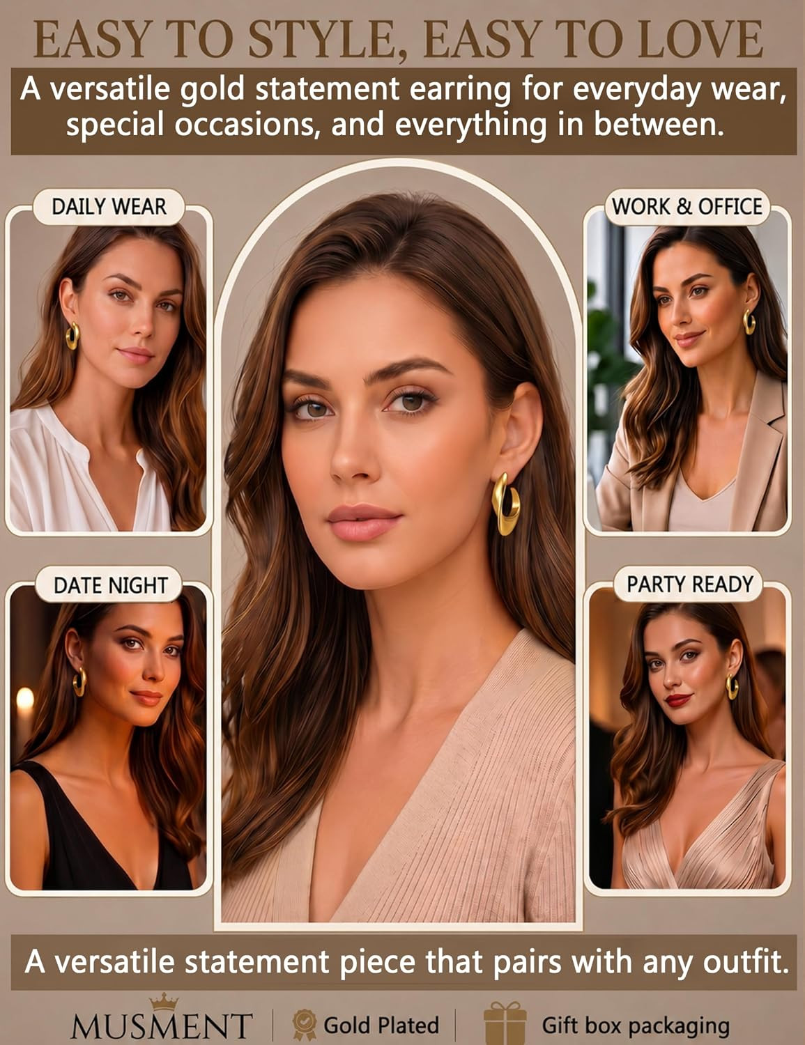 ® Gold Earrings for Women,14K Gold Plated Chunky Teardrop Hoop Stud Earrings for