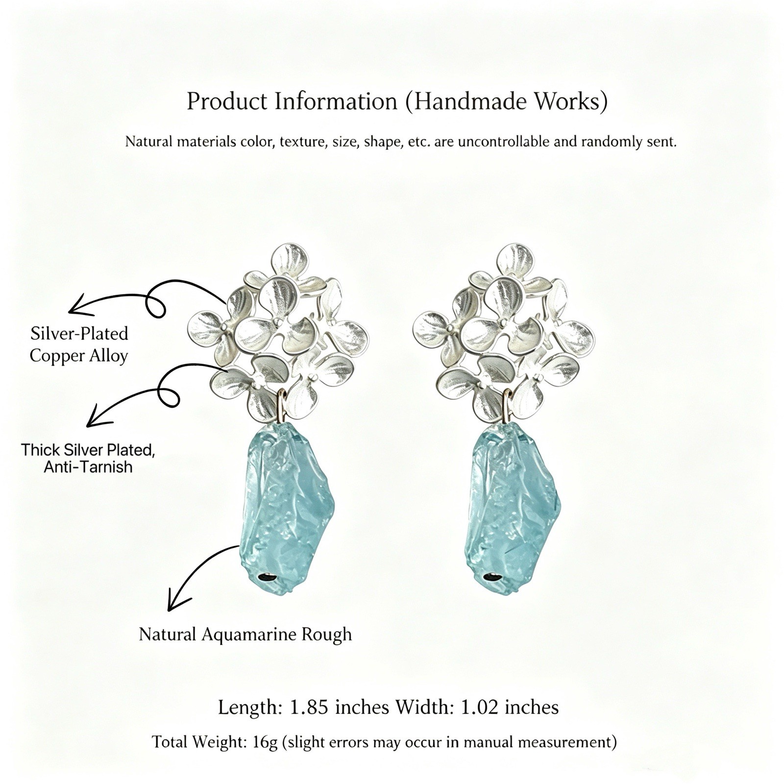 Handmade Floral Dangle Earrings Natural Aquamarine Rough 925 Silver Posts Only