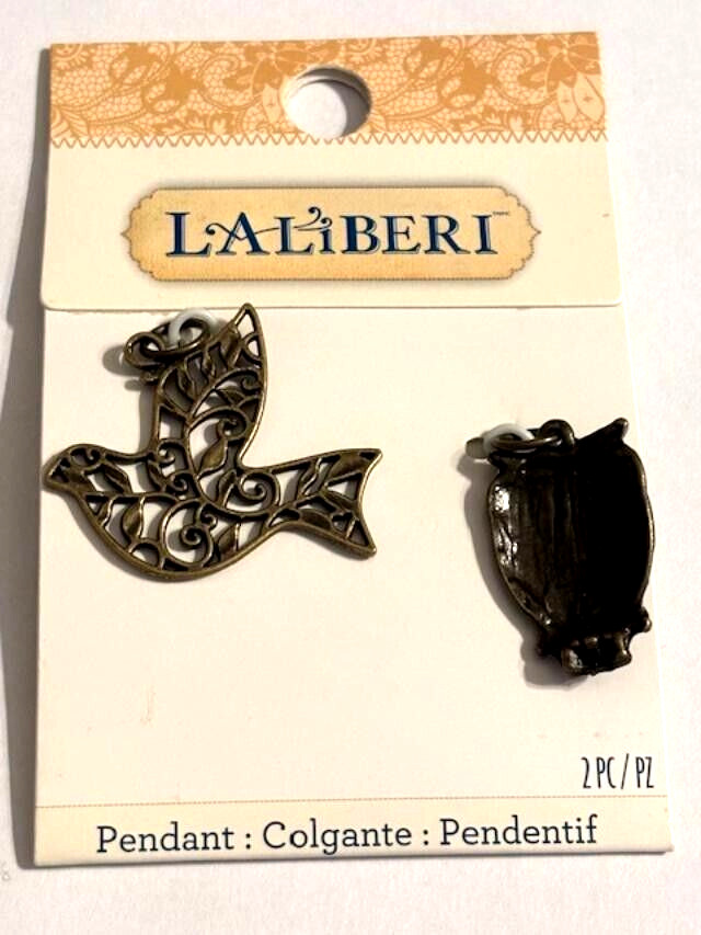 Set of 2 Laliberi Pendants Dove/Bird and Owl bronze color metal 2013 jewelry