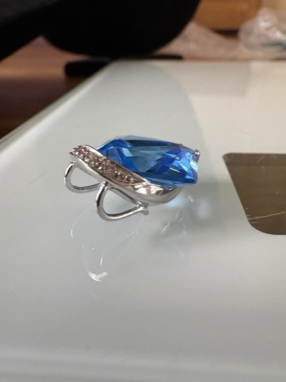 Sterling Silver Square Blue Topaz Diamond Pendant Enhancer 3 Grams