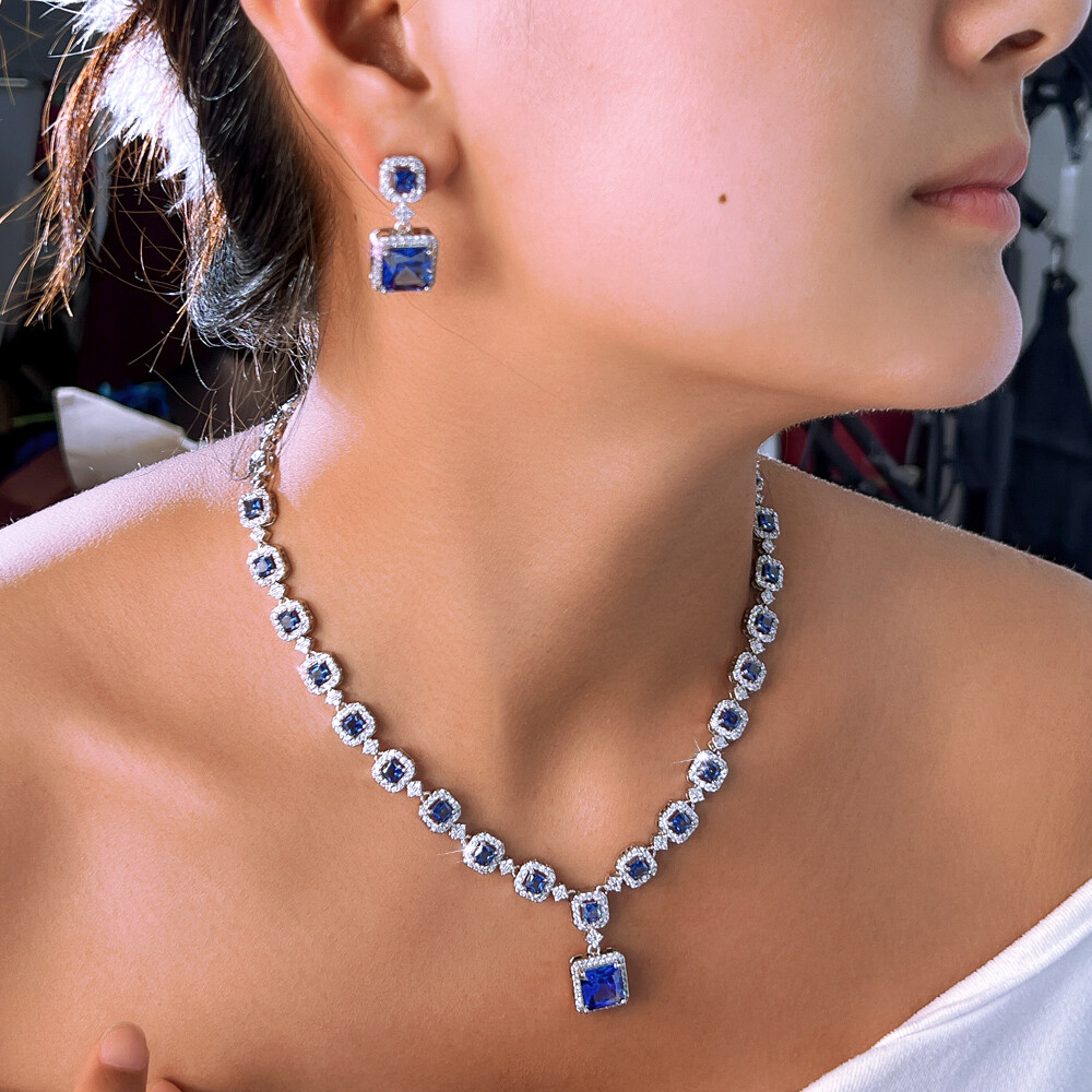 Blue Square Drop Earrings Necklace Silver Plated Cubic Zircon Bridal Jewelry Set
