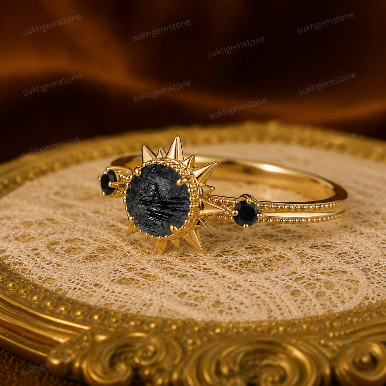 Black Rutilated Quartz Ring, Brass Gold Alloy , Birthday Gift Her, Women Ring