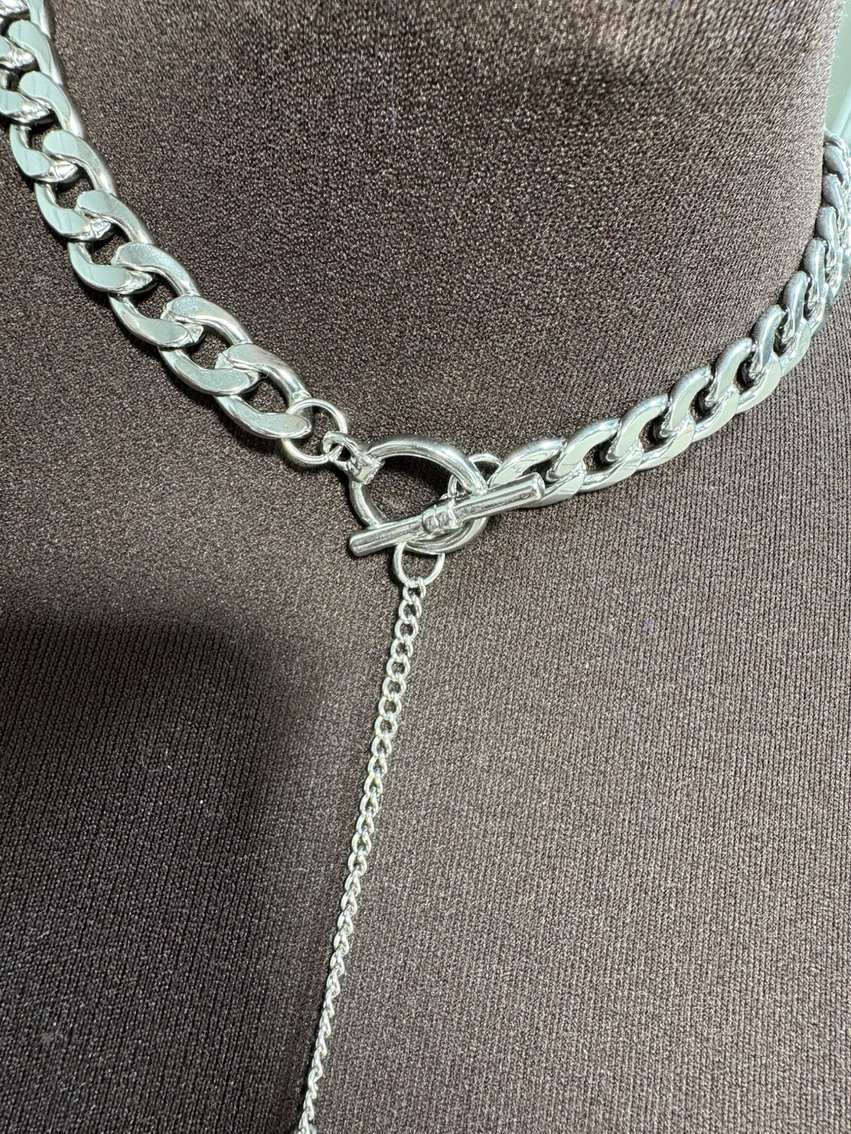 Silver Tone Link Choker Necklace – Y Drop Lariat Chain with Toggle Clasp