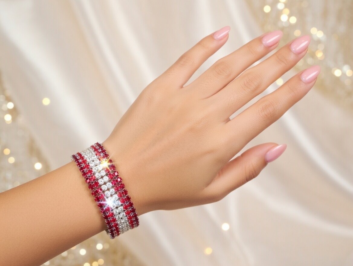 Red Silver Rhinestone Stretch Bracelet Crystal Pageant Prom Drag Jewelry