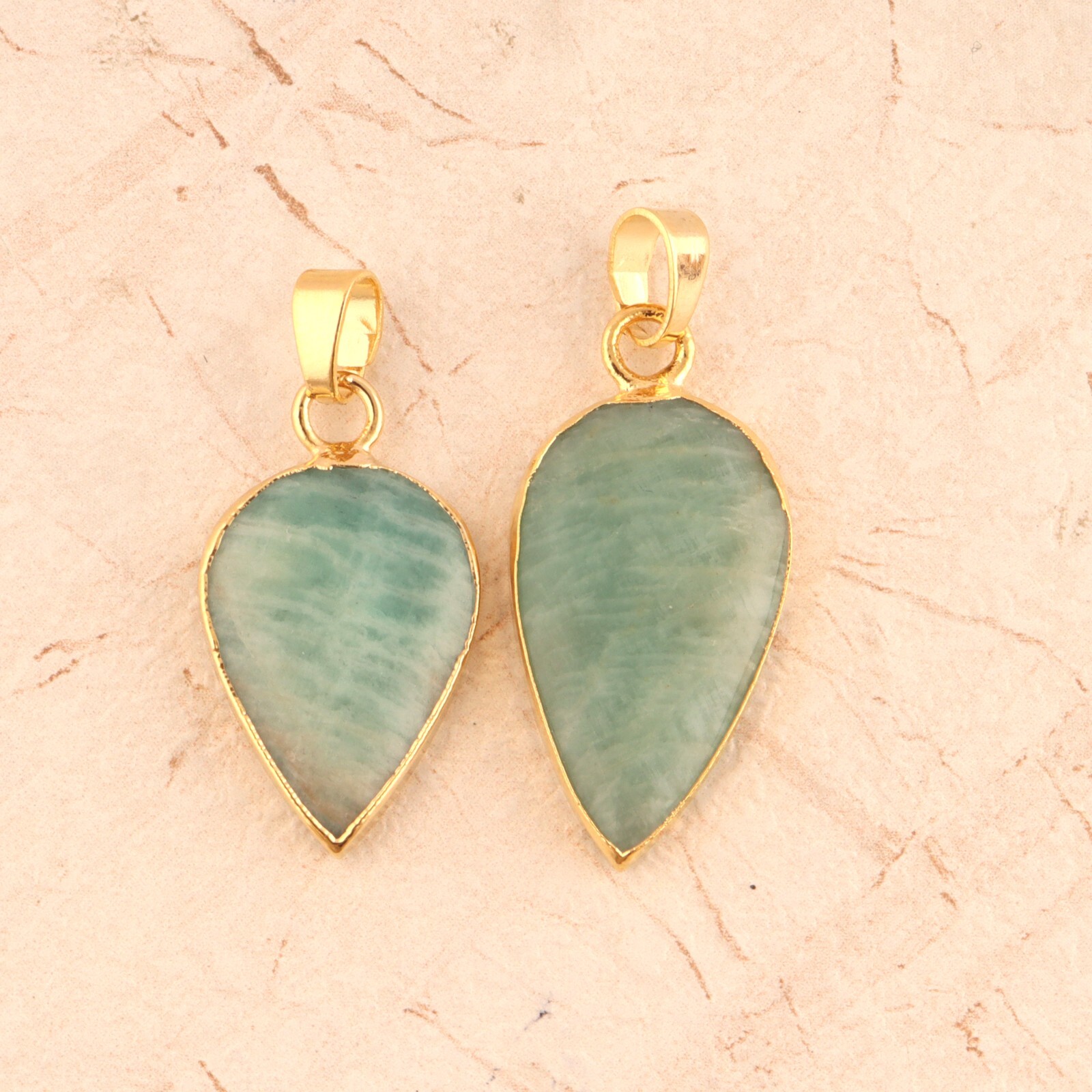Pear Shaped Charm Amazonite Yellow Gold Plated DIY Necklace Pendants 2 Pcs Lot