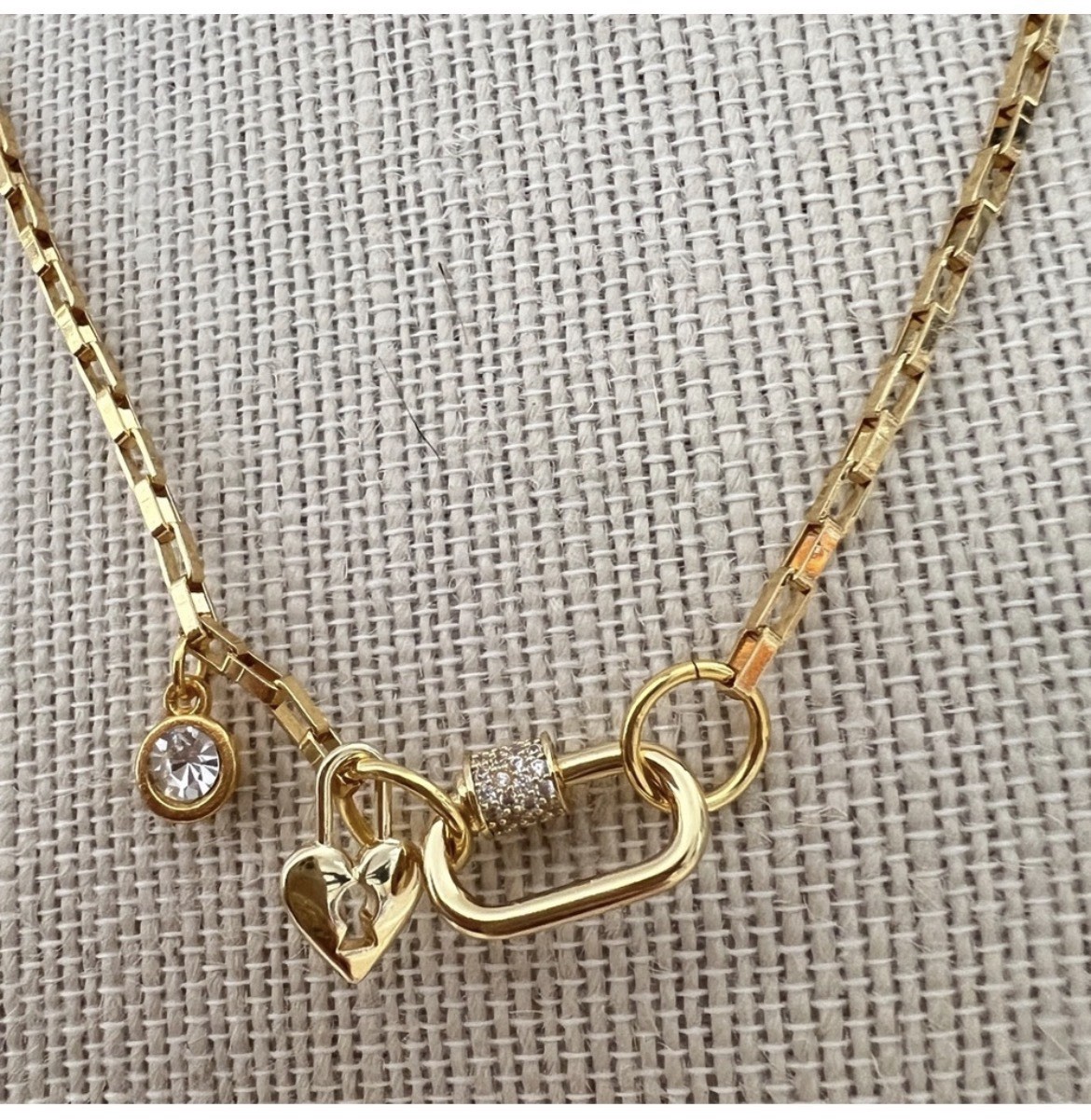 18K Gold Plated Locked Heart Carabiner Necklace Titanium Steal Womens Jewelry
