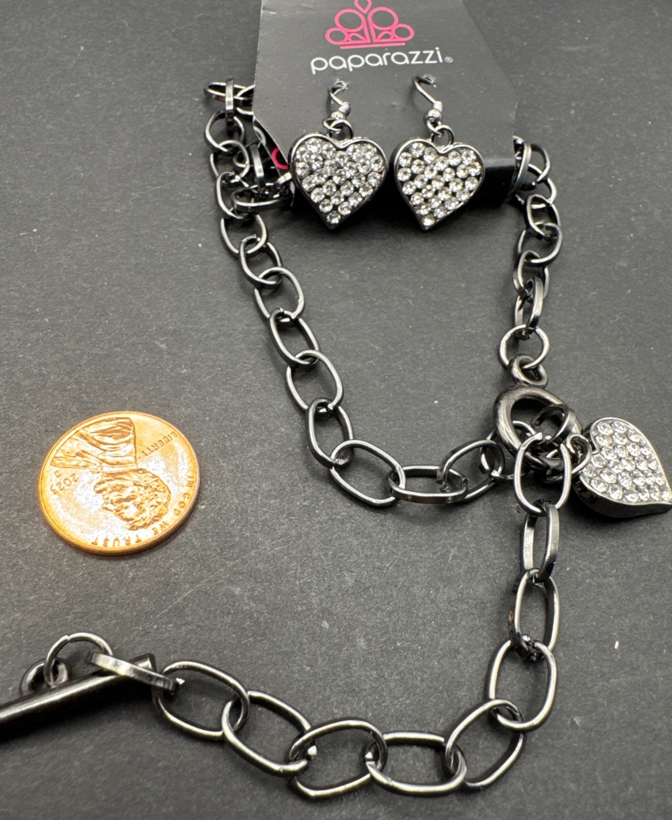 Paparazzi 1” Earrings W/Slip Chain 17” Necklace Gun Metal Grey W/Crystal Hearts