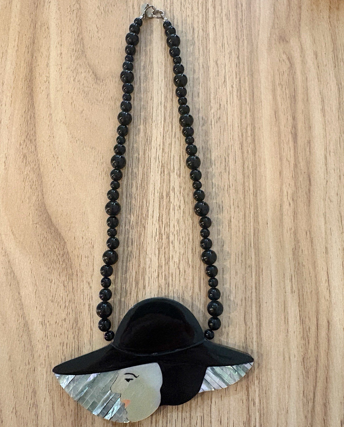 Karla Jordan Black Beaded Necklace Mother of Pearl/Abalone Shell Charm Pendant