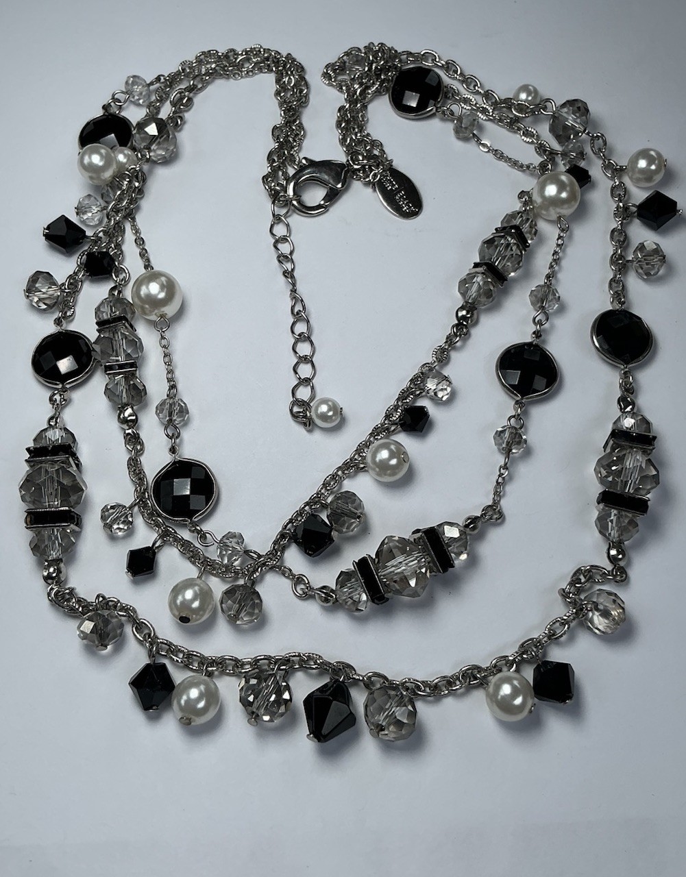 White House Black Market 3 Strand Silver Crystal Pearl Black White Necklace-NWOT
