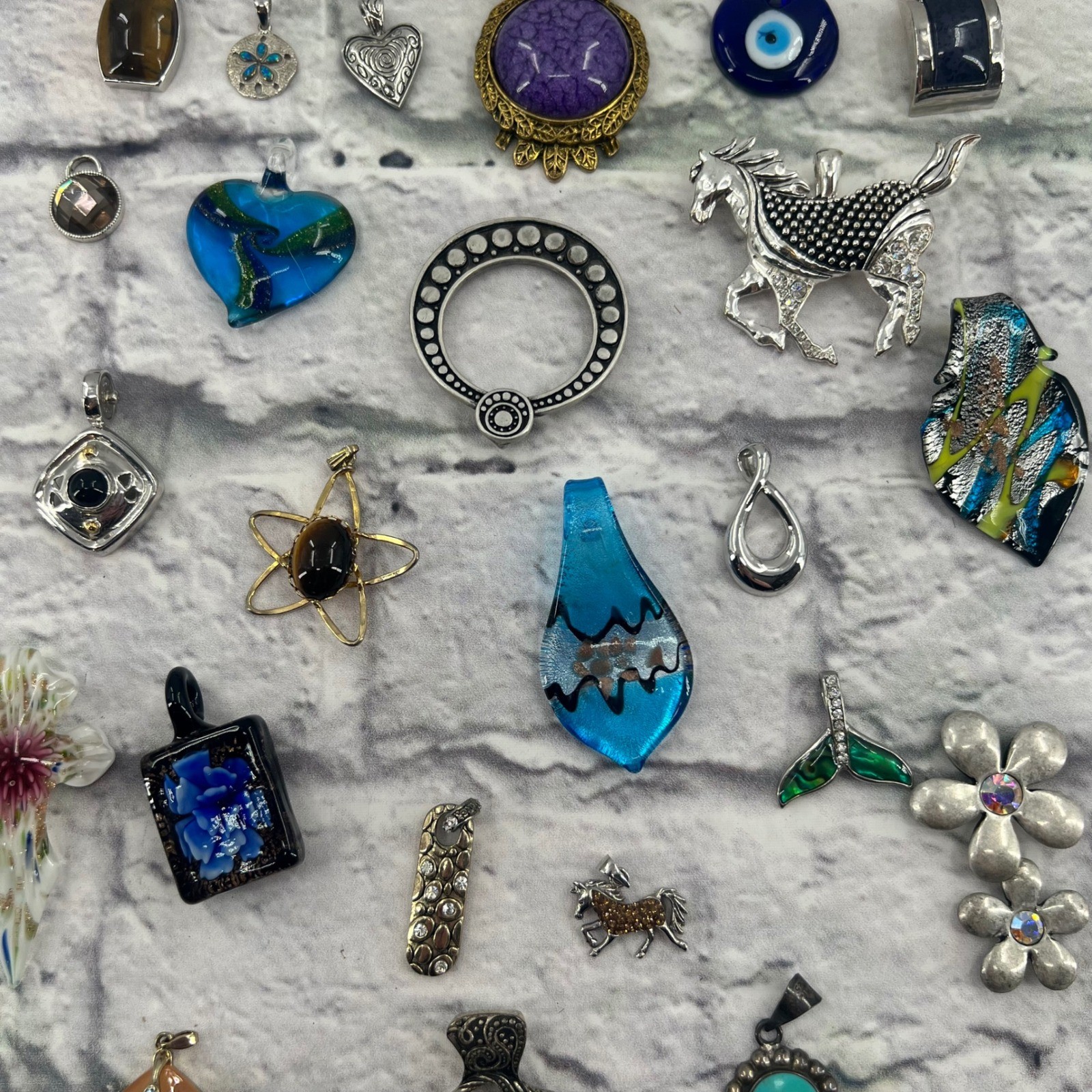 Assorted 24pc Necklace Pendant Lot Glass Crystal Turquoise Owl Evil Eye Horse