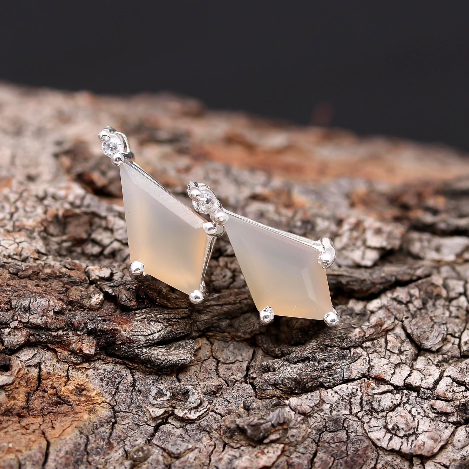 100% Natural Grey Chalcedony Kite Stud Earrings Solid Silver Minimalist Jewelry