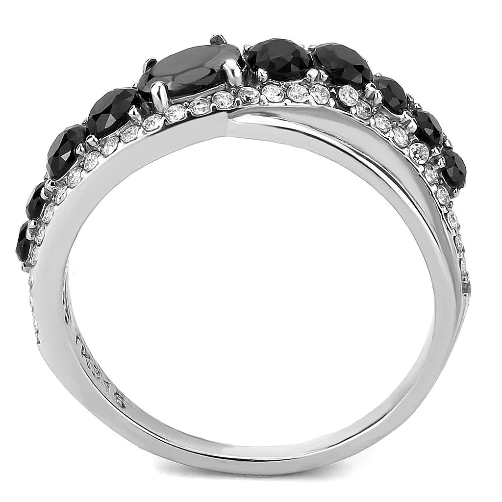 Women’s Ring, Black CZ, Stainless Steel, crossover band, split shank