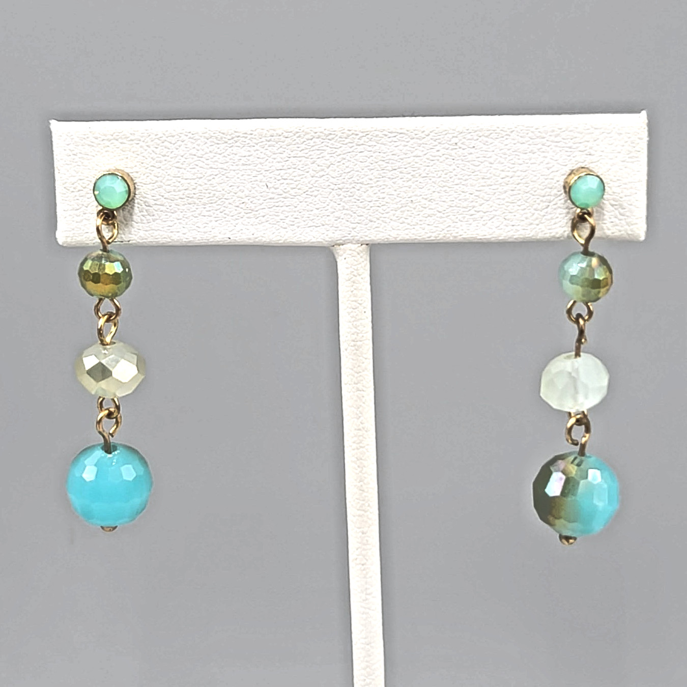 Blue Multicolor Glass Bead Pierced Earrings Gold tone Dangle 1.5 in