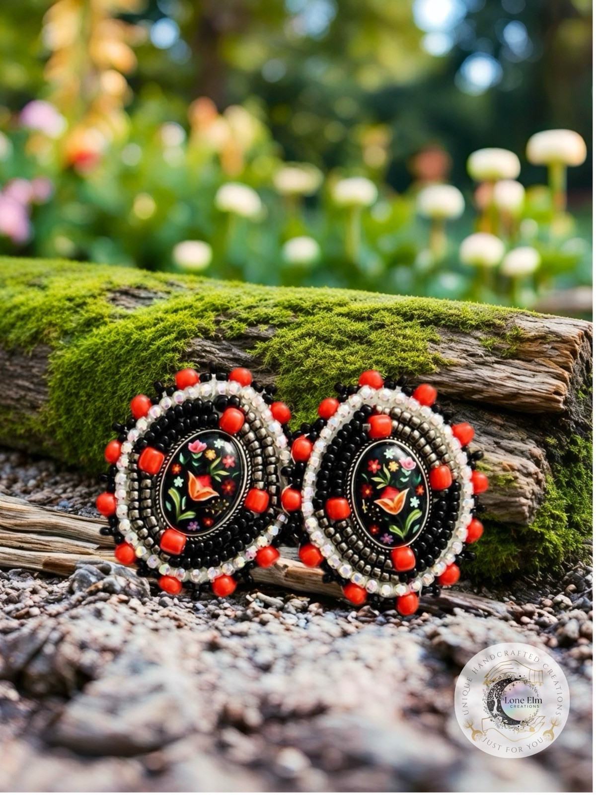 Lone Elm Creations Handmade Beaded Oval Floral Glass Stud Earrings Multicolor